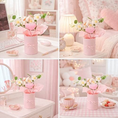 Image of Art Street Handmade Knitted Flower Bouquet in Pink Box - Artificial Daisy & Eucalyptus Arrangement with Soft Fabric Heart | Decorative Table Decor, Anniversary,