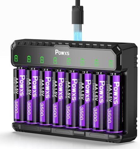POWXS 1.5V AA Lithium Rechargeable Batteries with Charger (3500mAh, 8-Pack) - High-Capacity Double A Battery with Universal Charger for NIMH/NiCd AA/AAA Batteries