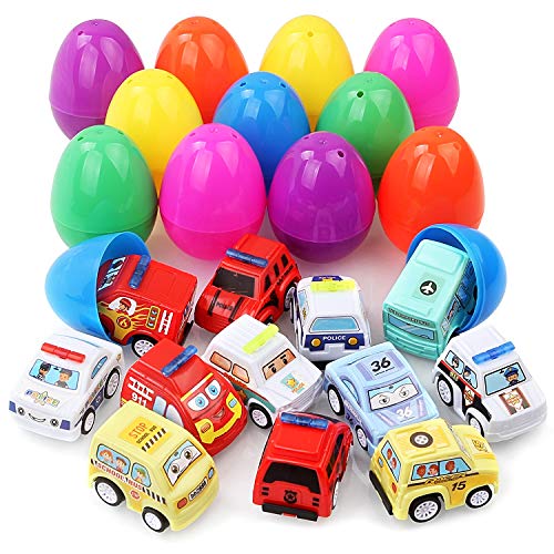 Easter Eggs, LANIAKEA 12 PCS Toys Filled Easter Eggs Filled with Pull-Back Construction Vehicles, Easter Theme Party Favor for Boys Girls, Best Present for Kids