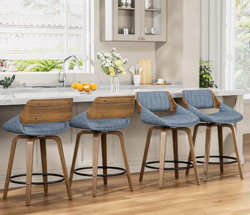 Image of YaFiti Bar Stools Set of 6, 26 inch Swivel Counter Height Barstools with Bentwood Back and Legs, Mid Century Modern Upholstered Fabric Counter Stools for Kitchen Island, Dining Room, Blue