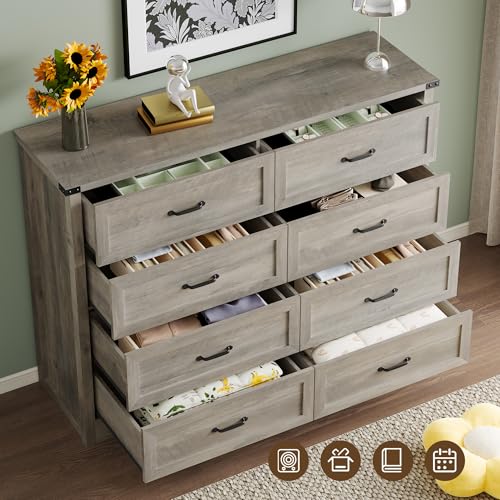 Image of BORNOON 8-Drawer Dresser for Bedroom, Modern Wooden Chest of Drawers with Metal Handles, Anti-Tipping Design, Sturdy and Stable Storage Organizer for Living Room, Entryway, Home Office