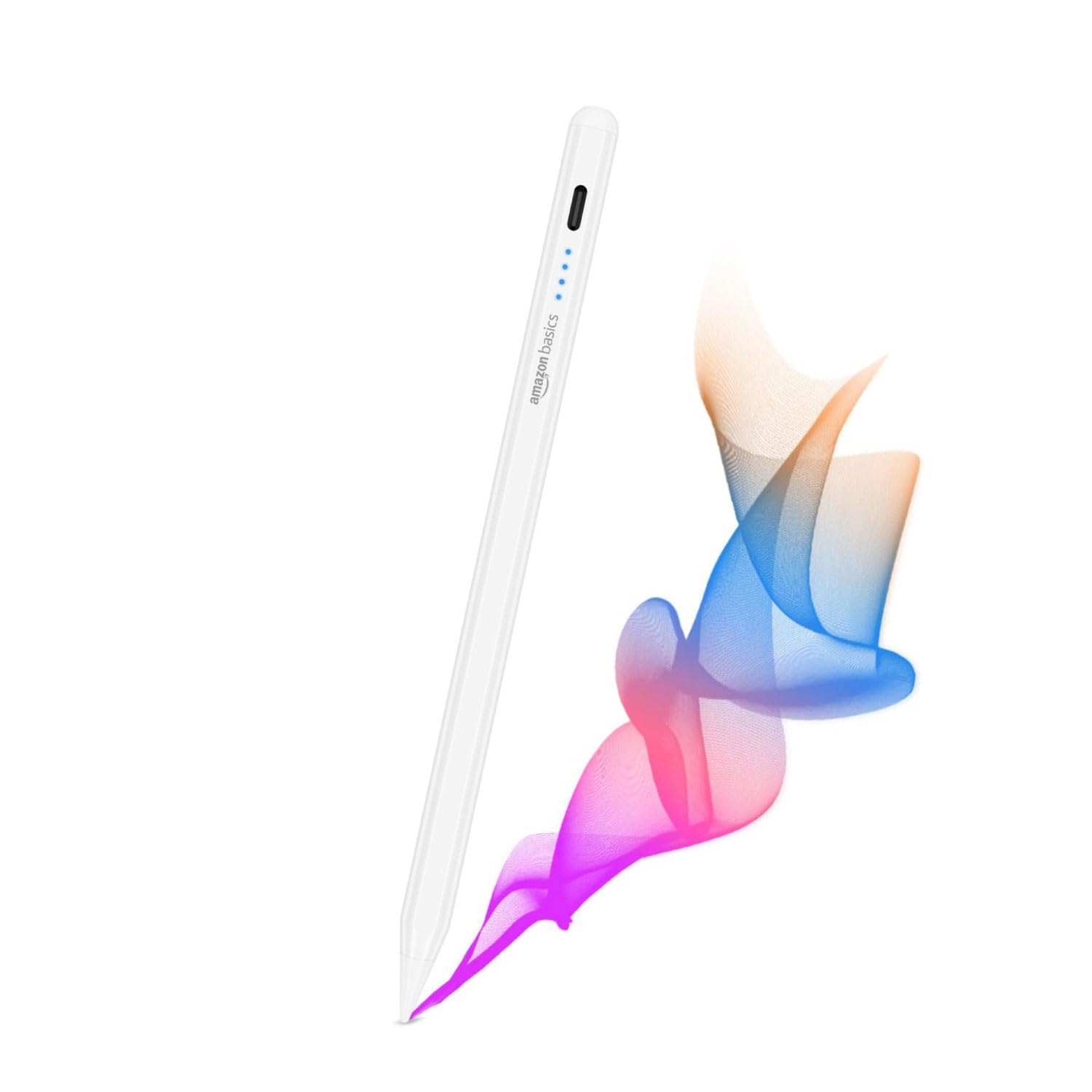 Amazon Basics Stylus Pencil for iPad Tablets with Angle Tilt Sensitivity, Palm Rejection, Up to 9 Hrs Playtime, Attaches Magnetically, Battery LED Indicator, Stylus Pen for iPads,4 Lights