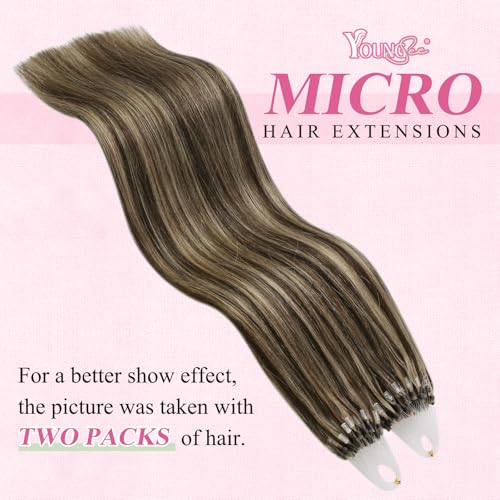 Image of YoungSee Micro Bead Hair Extensions Real Human Hair Highlight Microlink Hair Extensions Dark Brown and Blonde Highlight Micro Loop Hair Extension Human Hair 20In 57g 50s