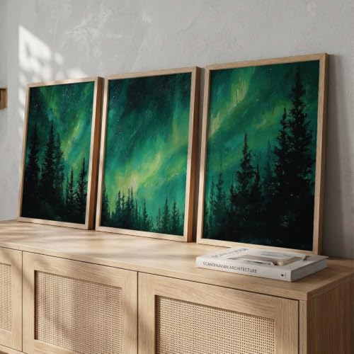 Image of kotart Big Aesthetic Nature Art Wall Framed Posters | Aurora Borealis Northern Lights View Framed Painting for Living Room Bedroom Wall Decor Set Of 3 (10X13 inch)