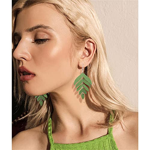 Handmade Lightweight Elegant Wooden Earring For Women - Statement Leaf Drop Dangle Earrings Bohemian Fashion Nature Wood Chain Leaf Earrings For Women Mom Sister Daughter Statement Jewelry Gifts (Green) #TOP3