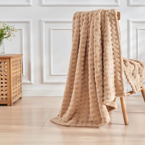 Wajade Kuscheldecke Flauschig Kunstfelldecke Decke Sofa Waffel Sofaüberwurf warm Sofadecke Comfort Couchdecke weiche Wohndecke für Couch und Bett 127 x 178 cm Linen