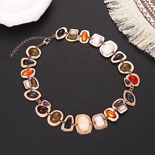 BVGA Gold Gemstone Charm Choker Necklace for Women Colorful Vintage Resin Gem Link Necklace Retro Jewelry Gifts3
