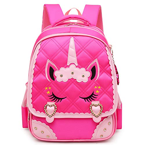 Moonmo Cute Unicorn Face Diamond Bling Waterproof Pink School Backpack Set Girls Book