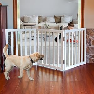 ZJSF Freestanding Indoor Dog Gate for House Foldable Wood White Puppy Gate for Doorways Pet Gate for Stairs Extra Wide Pet Fence 24″ Height 3 Panels