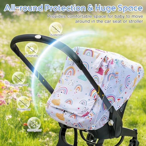 Image of Baby Car Seat Cover for Girls, Breathable Infant Car Seat Cover for Outdoor | Warm Carseat Cover with Privacy Sun Shade & Mesh Window, Easy Access Baby Carrier Cover Fit Baby Stroller