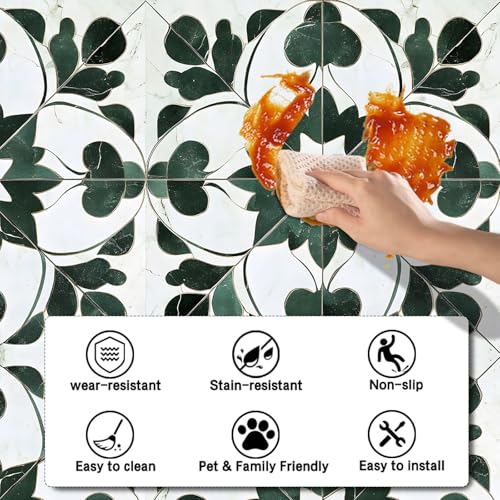 Image of Nuxovilar Peel and Stick Vinyl Floor Tiles, 11.8 inchx11.8 inch | Green Leaf Geometric Pattern, 10-Pack Self-Adhesive Flooring for DIY Upgrades