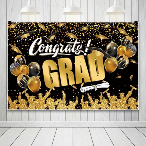 DASHAN 7x5ft Congrats Grad Class of 2026 Backdrop Black Gold Graduation Backdrop for Photography Graduation Banner Party Decorations with Balloons Background Cake Table Decor Photo Booth Props - image 7