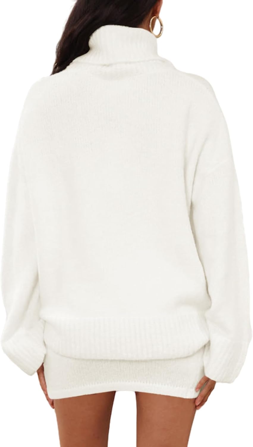 Langwyqu Womens 2 Piece Outfits Sweater Sets Turtleneck Oversized Sweaters and Mini Skirts Fall Winter Trendy Loungewear - Image 4