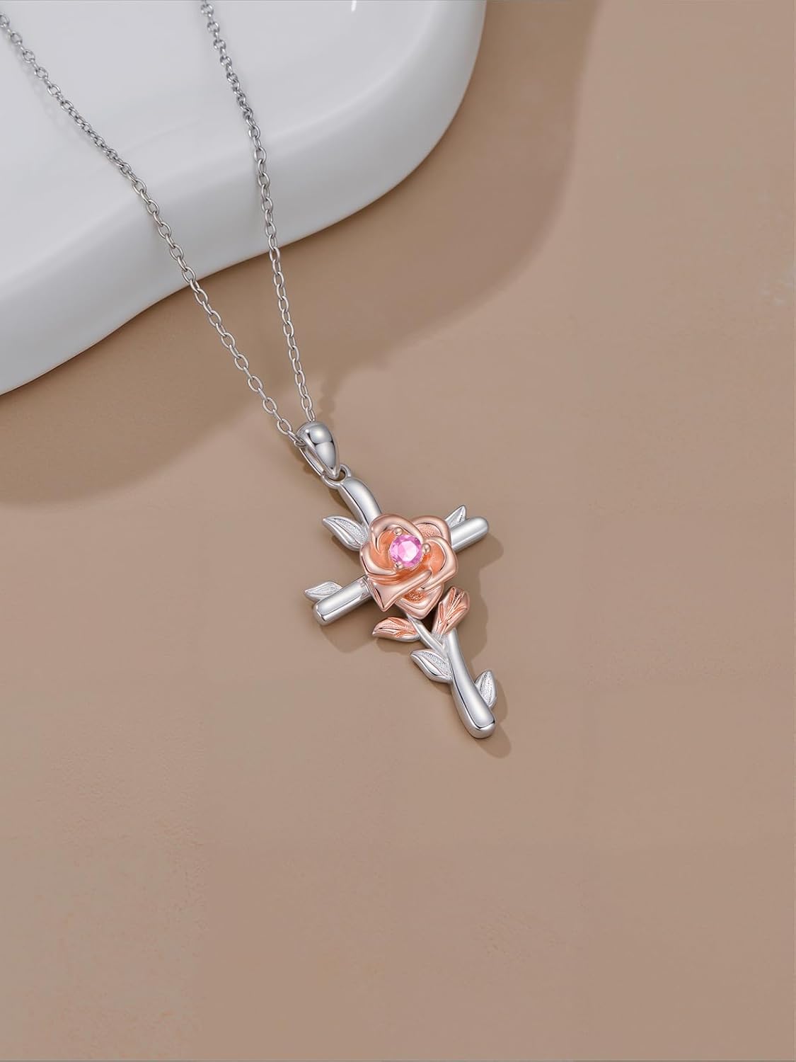 Seiyang Cross Rose/Sunflower Birthstone Necklace 925 Sterling Silver Cross Rose/Sunflower Pendant Necklace with 12 Months Birthstone Trendy Christmas Day Anniversary Jewelry Gift for Women Her - Image 4