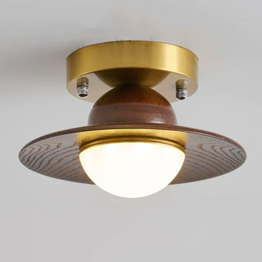 YGZPALH Vintage Walnut Ceiling Light Fixture for Dining Room Semi-Flush Mount Ceiling Lamp Mid Century Modern Light Fixtures Natural Oak Shade Ceiling Mount Corridor Lamp for Bedroom Living Room