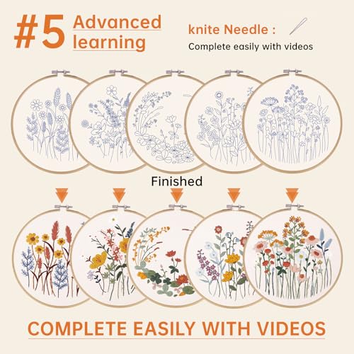 Image of CYANFOUR 5 Pack Beginner Embroidery Kit for Adults, Easy to Learn Floral Embroidery Patterns from Video & Instruction, Needlepoint Kits for Adults Include Embroidery Hoop, Colorful Threads, Tools