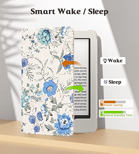 Image of MoKo Case for 7 inch /6.8 inch Kindle Paperwhite(12th /11th Gen-2024 /2021) & Colorsoft Signature Edition,Slim PU Shell Cover Case with Auto-Wake /Sleep,Not for kobo Aura 2 /Remarkable, Blue Flowers on White