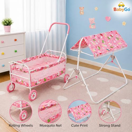 Image of BabyGo Baby Cradle with Swing, Mosquito Net & Canopy | 0-12 Months | Foldable 2-in-1 Rocking Cradle Cot with 4 Wheels & Brake | Soft Bed | Metal Frame | Pink (Large)