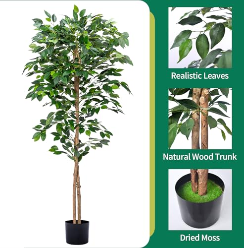 2Packs 5FT Artificial Ficus Trees with Realistic Leaves and Natural Trunk, Faux Ficus Tree with Sturdy Plastic Nursery Pot, Fake Ficus Tree for Office Home Farmhouse for Indoor Outdoor Decor