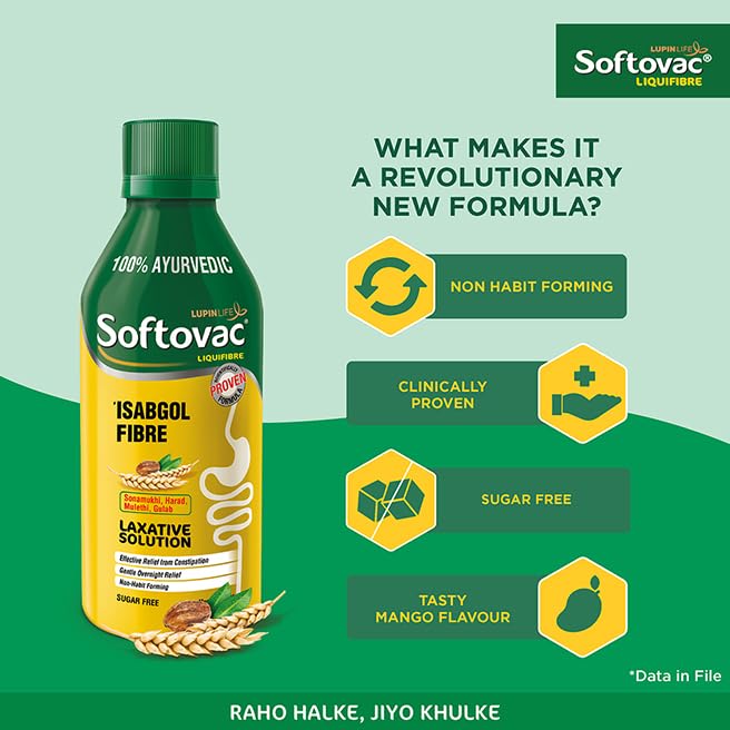 Image of Softovac Isabgol Liquifibre Constipation Syrup 225ml, Relieves Bloating, Psyllium Husk, Boosts Gut Health, Stool Softener, Gluten & Sugar Free, Dietary Fibre Rich, For Adults, Mango Flavour
