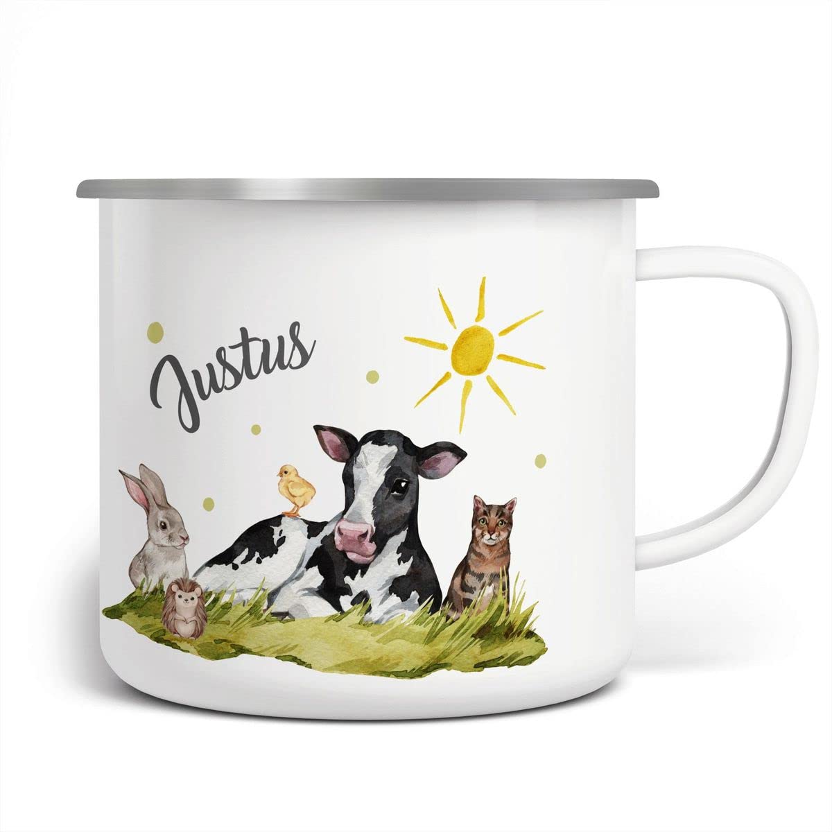 Personalisiert Emaille Becher Für Kinder Mit Bauernhof-Motiv – Mit Namen Bedruckt, 300 Ml