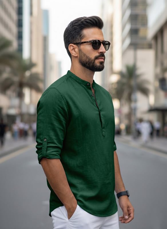 Image of Men Cotton Blend Mandarin Collar Casual Kurta Shirt | Roll-Up Sleeves | Regular Fit Ethnic Short Kurta for Daily