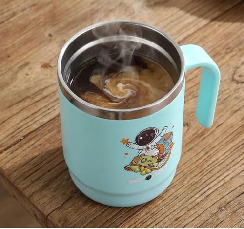 Image of Astronaut Insulated Mug with Lid and Straw, Stainless Steel, Blue, 12.5 x 11.5 cm, with Handle