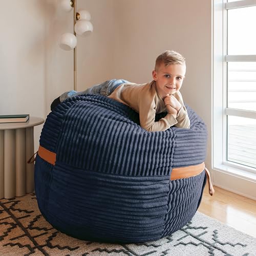 Image of Big Joe Fuf 4Ft Foam Bean Bag Chair with Removable Cover for Kids, Teens, Midnight Blue, Corded Plush, 4 Foot Large Reading and Gaming Seat