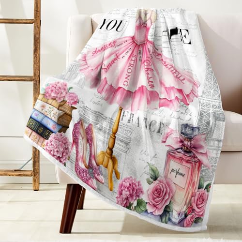 Image of Paris Pink Dress Floral Flannel Throw Blanket, Vintage Eiffel Tower Perfume High Heel Cozy Decor Blanket for Couch Bedroom Camping, Gift Blanket for Women Girls Home Fans,60X70 Inch