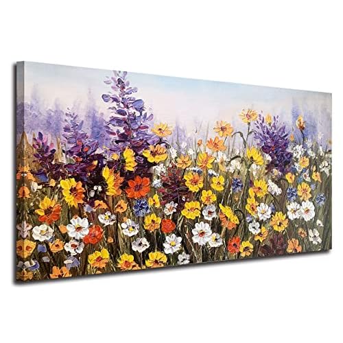 Ardemy Flower Canvas Wall Art for Living Room Extra Large Daisy Colorful Textured Picture Bedroom, Wildflower Painting Purple Yellow Floral Artwork Framed for Home Office Wall Decor 58"x29"