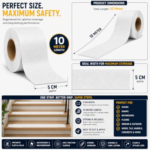 Image of YORWE Anti Slip Stair Tape with Glow in the Dark Strip - Heavy Duty Waterproof Non Slip Traction Tape for Stairs, Steps, Outdoor & Indoor Safety (White, 10 Meter)