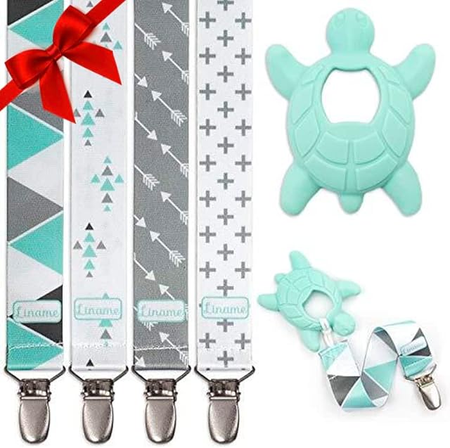 Liname Dummy Clip with Teething Toy - 4 Pack Dummy Clips for Boys and Girls - Pacifier Clip & Soother Clip - Unisex Dummy Clip & Pacifier Holder - Pacifier Clips & Soother Chain - Perfect Baby Gift