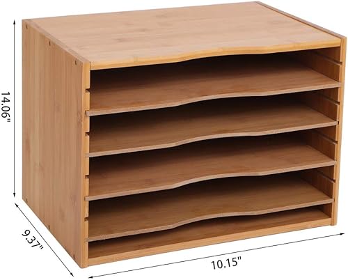 Miniatura 5 de Organizador de archivos de bambú, organizador de archivos de escritorio, bandeja de cartas con 4 divisores, estantes clasificadores de papel,