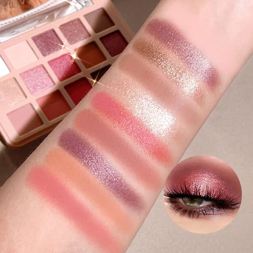Eyeshadow Pink Eye shadow Palette, Make-Up Palettes Shimmer Glitter Matte Shadows Pallets for Women, 15 Color Pink Brown Natural Long Lasting Highly Pigmented Eyeshadow Palette - Image 5