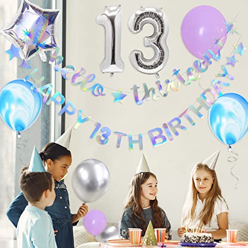 Image of Iridescent Hello Thirteen Happy 13th Birthday Banner Garland Foil Balloon 13 for 13 Birthday Decorations Official Teenager 13th Birthday Decor for Teen Girls 13 Year Old Birthday Party