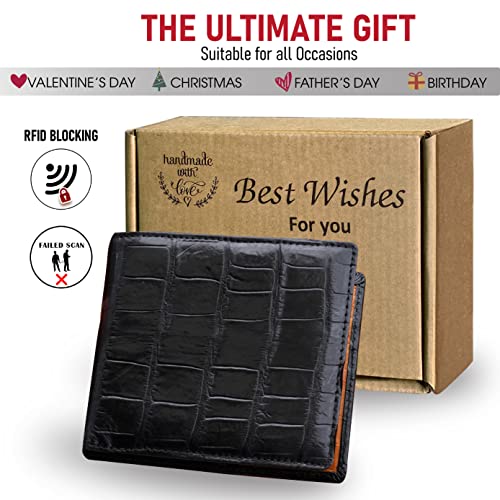 Image of HATA Men Leather Bifold Wallet RFID Blocking Front Pocket Exotic Billfold Handmade Gift For Birthday Wedding Anniversary Father's Day