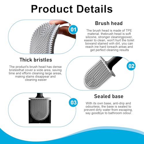 Image of Toilet Bowl Brush and Holder Set, Flexible Silicone Bristles with Detachable Handle, Compact RV and Bathroom Toilet Brush (4 black)