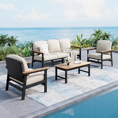 SUNSHINE VALLEY HDPE Outdoor Patio Furniture 4-Piece Set, All Weather Modern Patio Conversation Sets with Wood-grain Extended Table, Outdoor Patio Couch Set, Black Frame with Beige 4.7" Thick Cushions