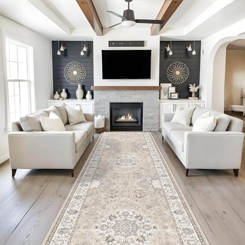 Washable 4x12 Wide Hallway Runners: 12ft Vintage Soft Runner Rug for Entryway Living Room Non Slip Water Resistant Carpet for Kitchen Dining Room Ultra Thin Nursery Bedroom Area Rug(Beige,4x12)