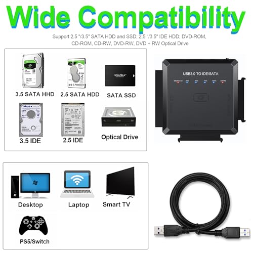 Image of USB 3.0 to SATA IDE Converter, External Hard Drive Reader Recovery Adapter Kit for Universal 2.5 inch 3.5 inch SSD HDD CD /DVD Optical Drives, w /One Touch Backup Function