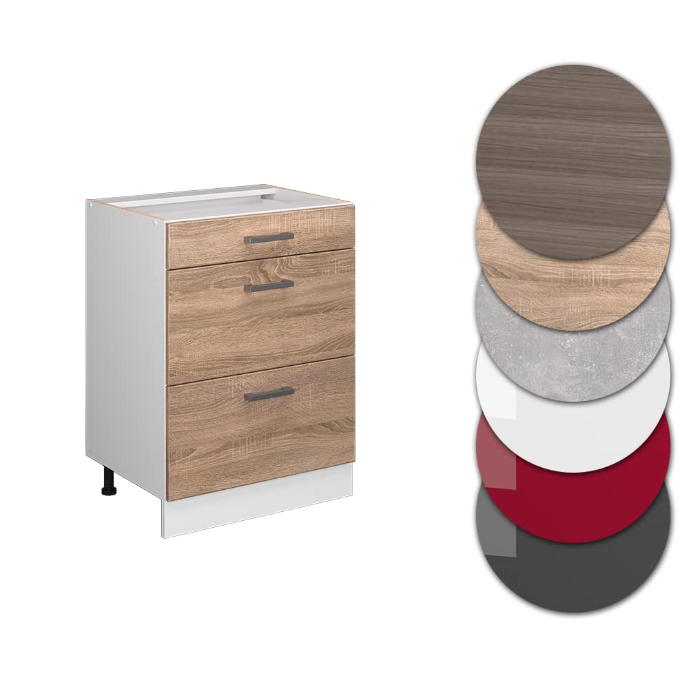 Vicco Mueble bajo de Cocina R-Line, Sonoma, 60 cm | con cajones, sin encimera, para combinación libre dentro de sistemas de cocina modulares