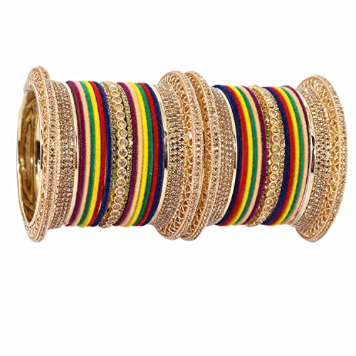 Image of NMII Non-Precious Metal with Base Metal and Studded with Zircon Gemstone Glossy Finished Traditional Velvet Bangle Chuda set for Women and Girls