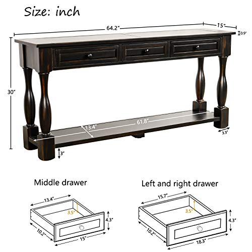 P Purlove Console Table For Entryway 64" Wood Sofa Table With Storage Drawers And Bottom Shelf For Hallway Living Room (Antique Black) #TOP1