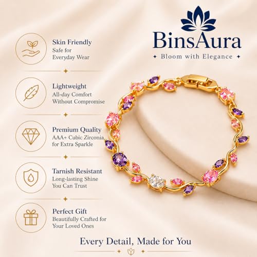 Image of BinsAura Gold Plated Crystal Bracelet for Women | Pink Purple White AAA Cubic Zirconia Tennis Bracelet | Adjustable Luxury Fashion Bracelet for Girls | Birthday Anniversary Valentine Gift Jewellery