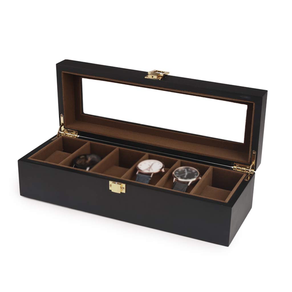 MUSUMI Caja de almacenamiento de reloj de 6 ranuras Joyero Pulsera Vitrina Interior de Madera con forro de flocado Suave con 6 cojines Cierre de Broche de Metal con tapa de vidrio