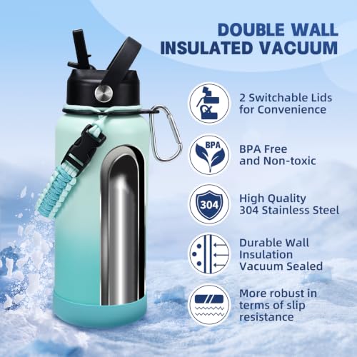 Image of Insulated Water Bottle, 32 oz Stainless Steel Wide Mouth Water Bottles with 2 Leak Proof Lid and Paracord Handle, Double Wall Vacuum Insulated Sports Water Bottle, Mint Green