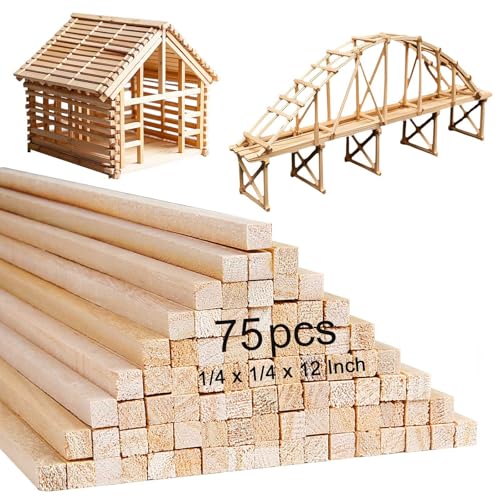 75 Pcs Balsa Wood Sticks 1/4 x 1/4 x 12 Inch balsa Wood Strips Hardwood Square Dowels balsa Unfinished Wooden Strips for Craft DIY Supplies Square Wooden dowels