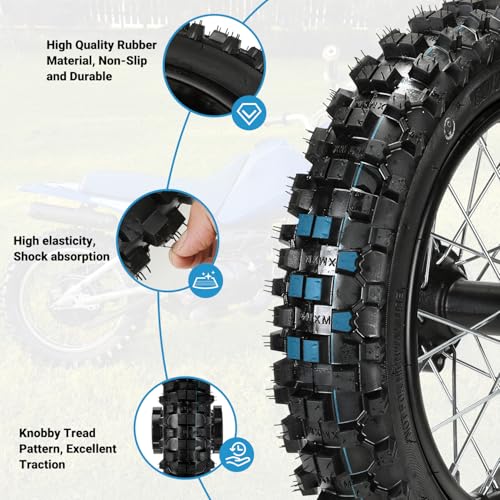EOPOAYI 3.00-12 80/100-12 Dirt Bike Rear Rim Wheel Tire Compatible with 90cc 110cc 125cc CRF70 XR70 KX65 KLX110 PW80 TTR90 SSR125 Coolster Taotao Off Road Motorcycle Parts with Brake Rotor Sprocket