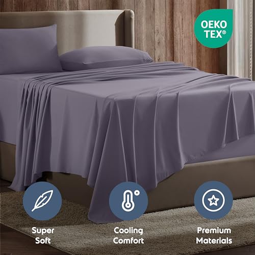 Image of Nestl Split King Bed Sheet Set - Grayish Purple - 5-Piece Deep Pocket | Instantly Soft, Night-One Ready (No Wash Required). Fits 16-Inch Deep Pockets, 360-Degree Elastic Grip