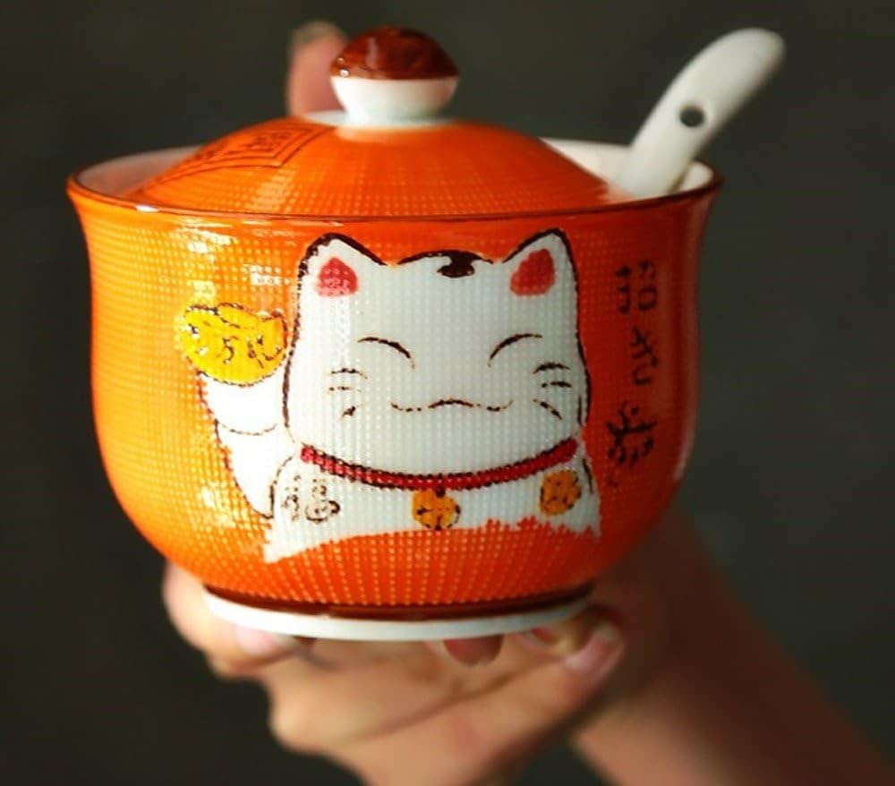 Keramik japanische Maneki Neko Lucky Cat Zucker Salz Pfeffer Vorratsdose mit Deckel und Löffel
